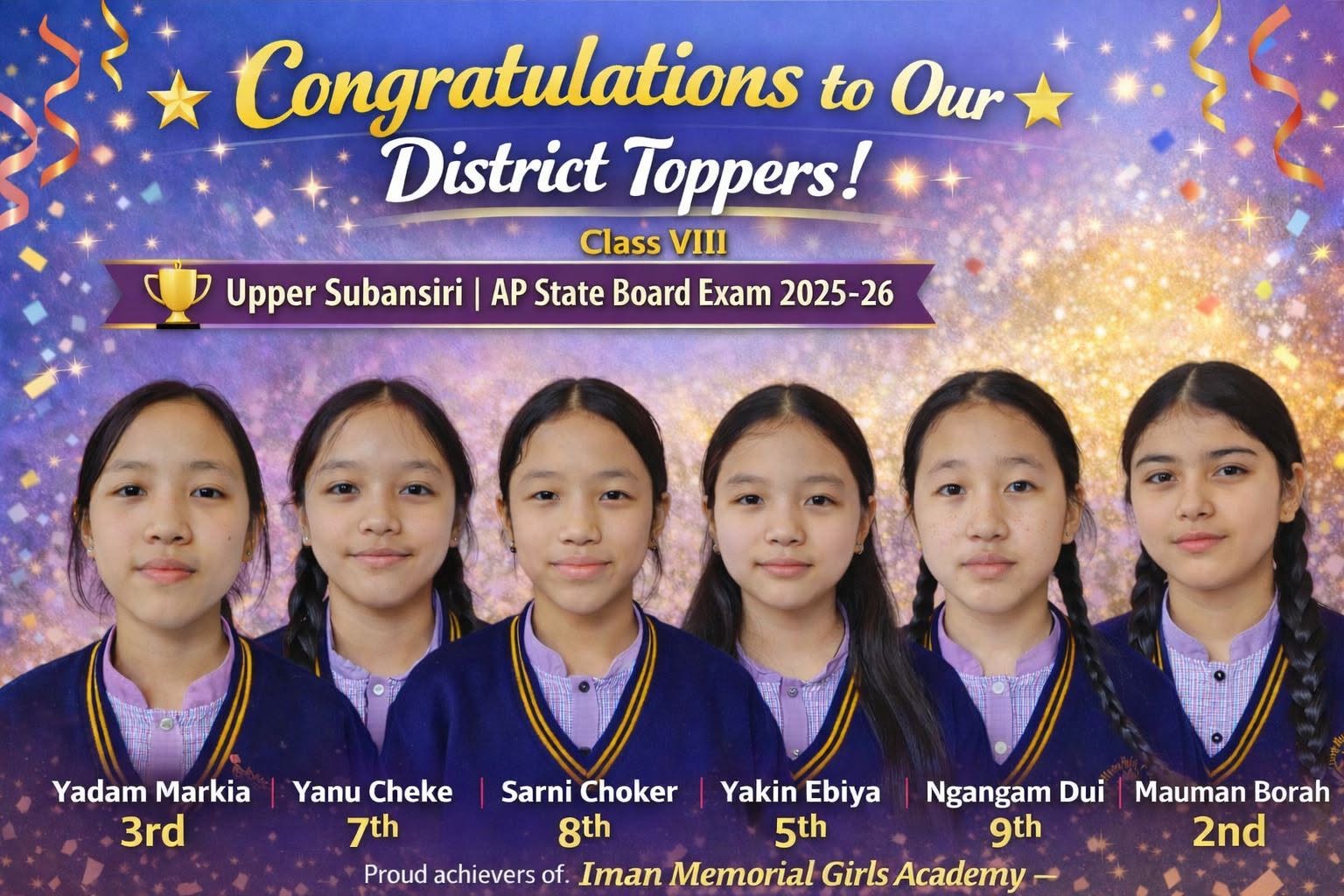 Class VIII district toppers, Upper Subansiri, AP State Board Exam 2025-26